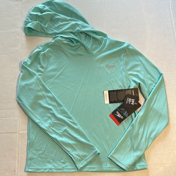 Speedo Medium Girls Swim Shirt Hooded Long Sleeve UPF +50 in Aqua Splash NWT - Picture 2 of 6
